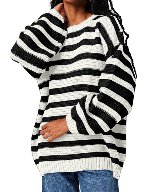 Meladyan Women's 2023 Fall Winter Oversized Striped Sweater Long Sleeve Crew Neck Knit Pullover Sweater Jumper Tops Black and White