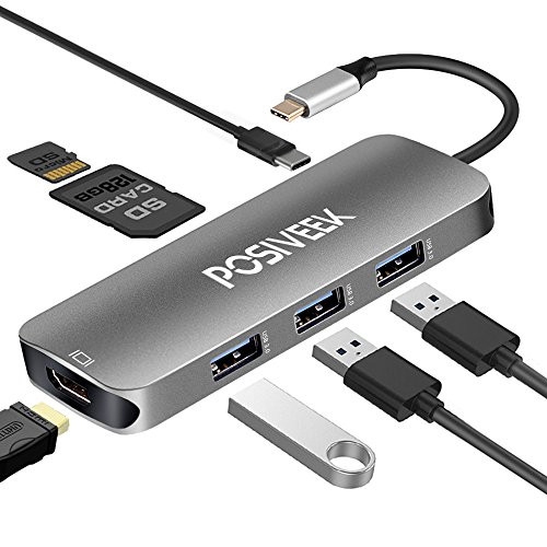 USB C Hub,USB C Adapter, Posiveek 7 in 1 Multiport Hub Adapter Cable with Type C Charging Port, 4K HDMI, USB 3.0 Ports, SD/TF Card Reader Port for Macbook2016/2017