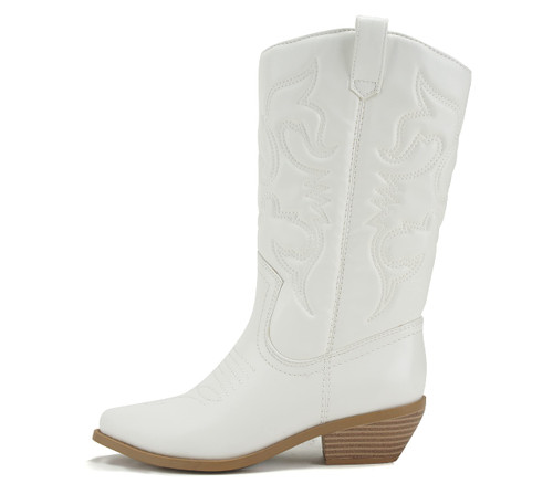 Soda Women Cowgirl Cowboy Western Stitched Boots Pointy Toe Knee High Reno-S (9, White/Beige PU, numeric_9)