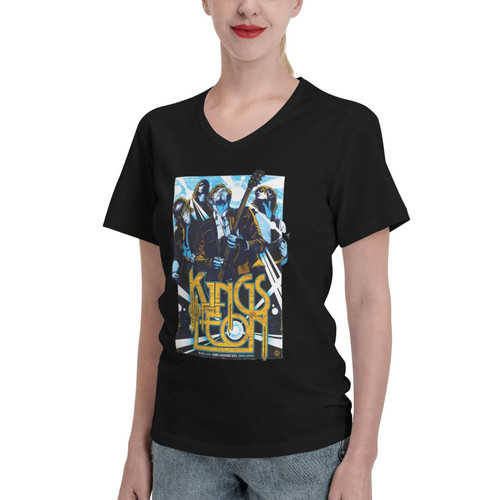Kings Rock of Music Leon Band T Shirt Woman's Casual Soft Cotton Tee Summer V-Neck Short Sleeve Shirts Medium Black