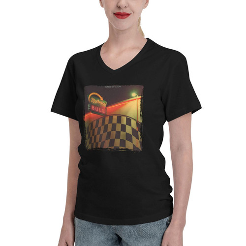 Kings Rock of Music Leon Band Mechanical Bull T Shirt Woman's Casual Soft Cotton Tee Summer V-Neck Short Sleeve Tops Small Black