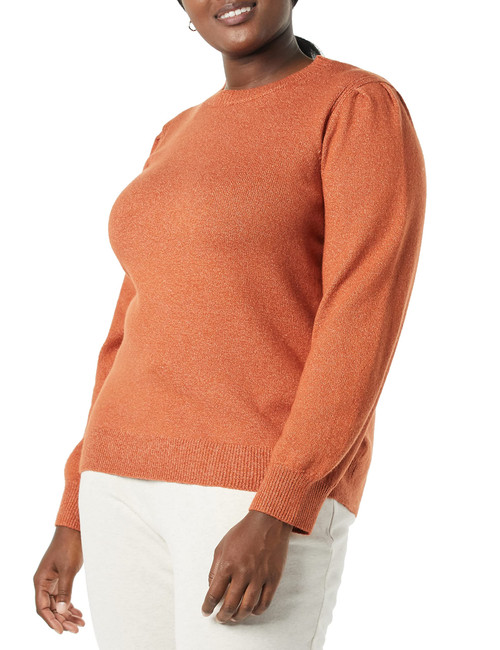 Amazon Essentials Women's Soft Touch Pleated Shoulder Crewneck Sweater, Caramel, Large