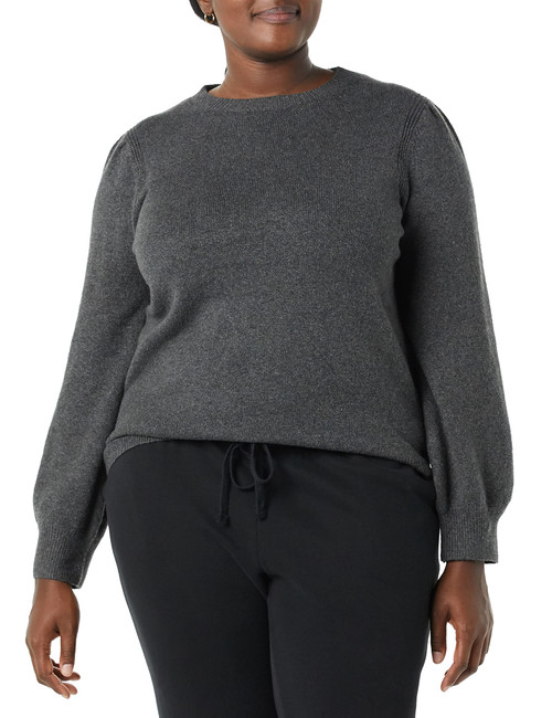 Amazon Essentials Women's Soft Touch Pleated Shoulder Crewneck Sweater, Charcoal Heather, X-Large