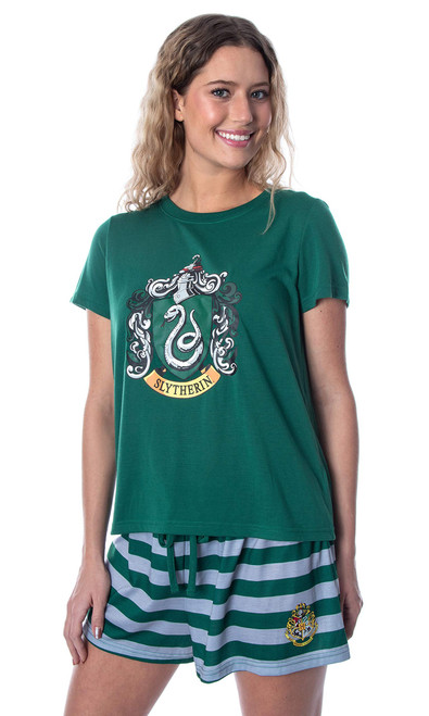 Harry Potter Women's Hogwarts Castle Slytherin Shirt and Shorts Sleepwear Pajama Set (Small)