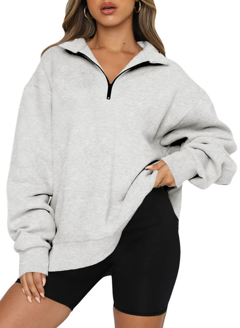 BLENCOT Women Half Zip Oversized Sweatshirts Long Sleeve Solid Color Drop Shoulder Fleece Workout Pullover Gray L