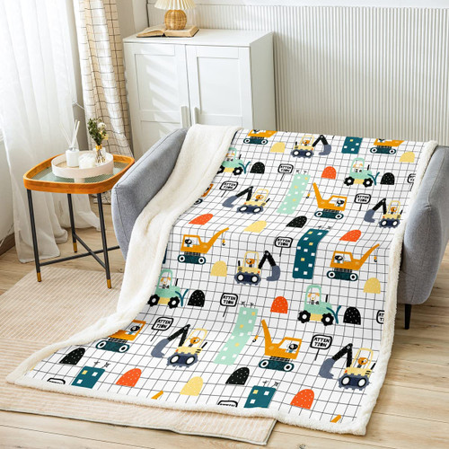 Cartoon Construction Excavator Fleece Throw Blanket Vehicles Truck Car Plush Blanket for Bed Sofa Couch Machinery Bulldozer Crane Sherpa Blanket Breathable Warm Fuzzy Blanket Room Decor 40"x50"
