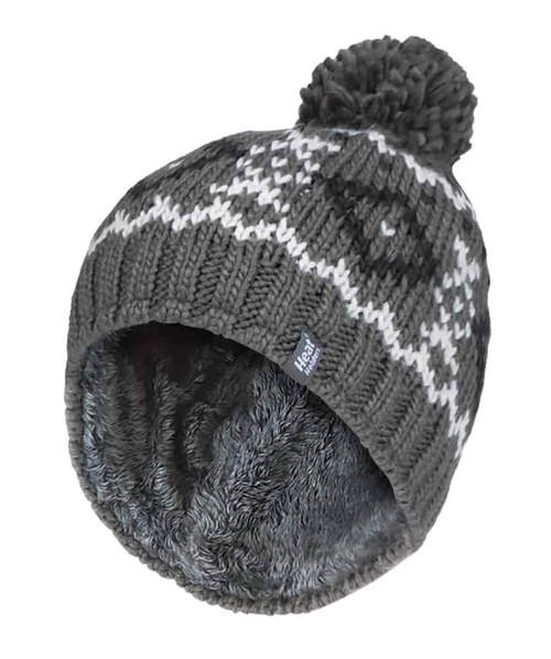 Heat Holders - Mens Fleece Lined Winter Warm Thermal Beanie Hat with Pom Pom (One Size, Grey/White)