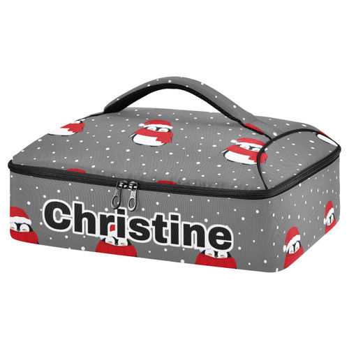 RunningBear Custom Penguins Christmas Hat Insulated Casserole Carrier for Hot or Cold Food Personalized Expandable Lasagna Lugger Tote with Dish Storage Customized Food Carry for Potluck