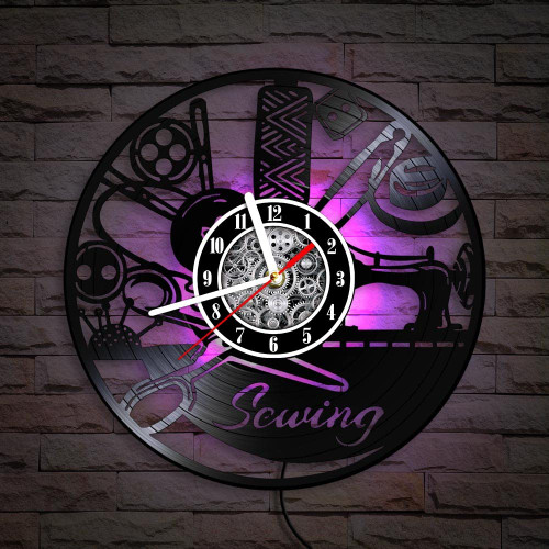 The Geeky Days Sewing Machine Quilting Tools LED Silent Vinyl Record Wall Clock with Remote Control 7 Color Light Tailor Seamstress Sign Modern Hanging Watch Timepiece for Tailoring Room Studio Sign