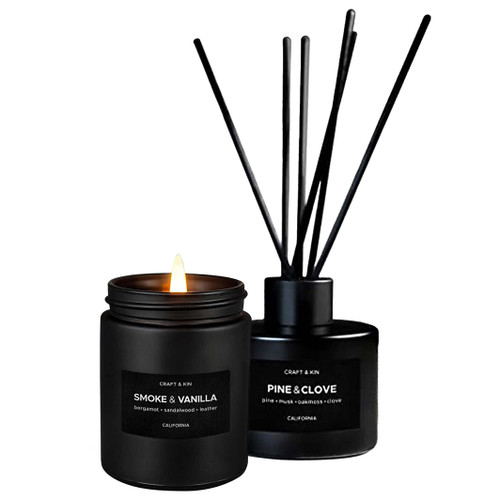 Scented Candle & Reed Diffuser Set for Home Fragrance | Lavender Woods Scented Candle for Men and Fragrance Diffuser | Soy Candles for Home Scented Reed Diffusers with Sticks
