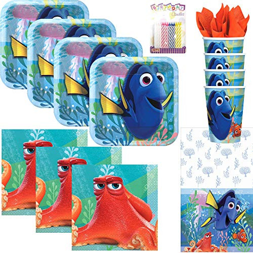 Lobyn Value Pack Finding Dory Party Supplies Pack Serves 16: Dessert Plates, Beverage Napkins, Cups, Table Cover, and Birthday Candles