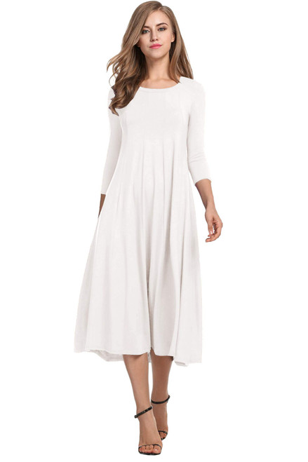 HOTOUCH Women's Solid Maxi Dress Long Sleeve Pleated Midi Dresses for Church(White XL)