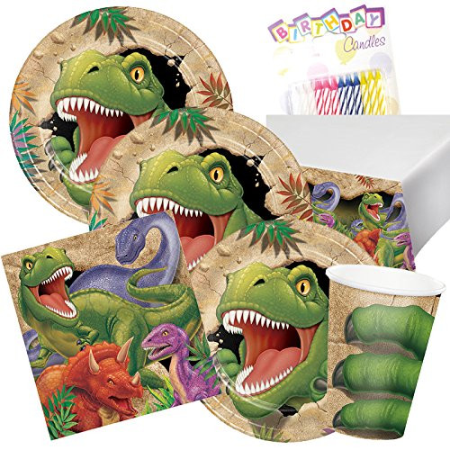 T-Rex Dinosaur Theme Party Supplies Pack (Serves-16) Plates Napkins Cups and Tablecloth - Dino Blast Party Supply Tableware Set Kit Includes Birthday Candles