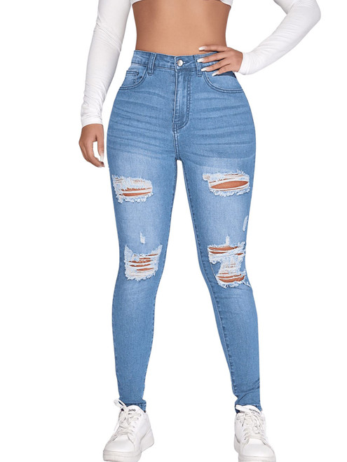 SweatyRocks Women's Casual High Rise Ripped Jeans Zipper Fly Skinny Denim Pants Light Wash M