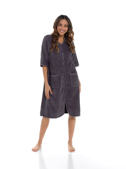 Fashion Junction Ladies/Womens 100% Cotton Terry Towelling Zip Front Dressing Gown/Bathrobe/Housecoat (Dark Grey, XL)