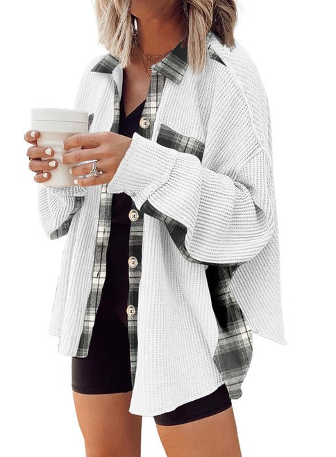 SHEWIN Womens Waffle Knit Shacket Button-Down Shirt Jacket Plaid Shirt Blouses Loose Long Sleeve Tops 2023 Fall Fashion Outfits White M