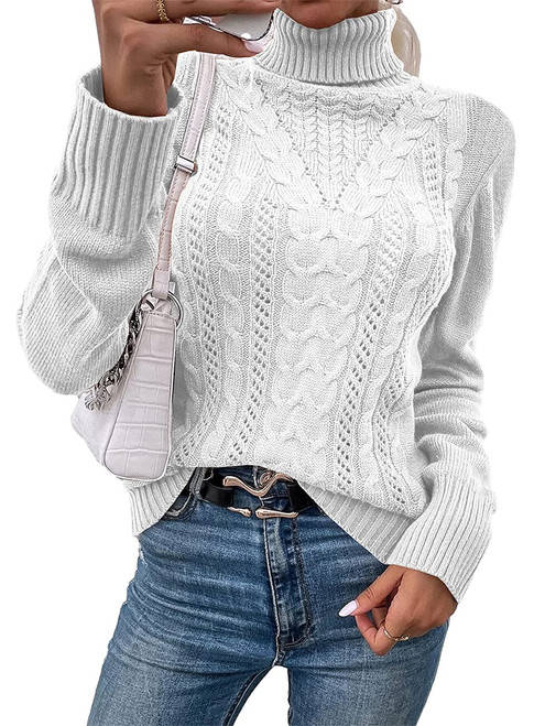 Hongqizo Women Casual Turtleneck Long Sleeve Sweater Cable Knit Pullover Solid Slim Fit Sweater Turtleneck Tops White