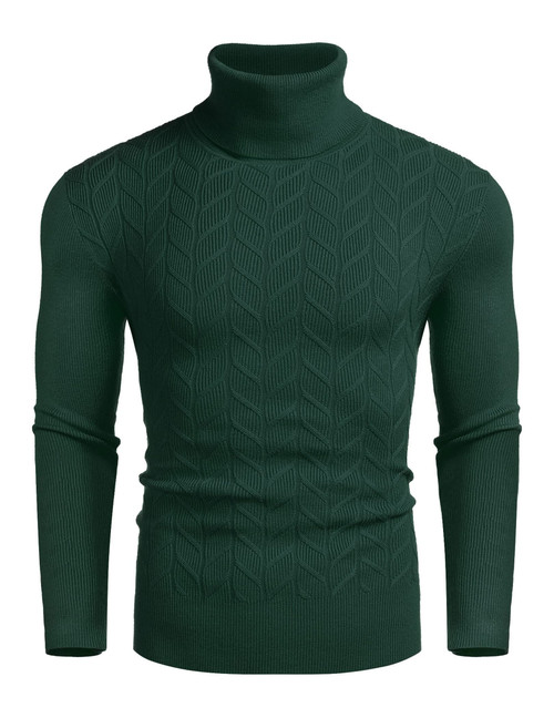 COOFANDY Men's Slim Fit Turtleneck Sweater Casual Pullover Sweater Basic Twist Patterned Knitted Sweater Green