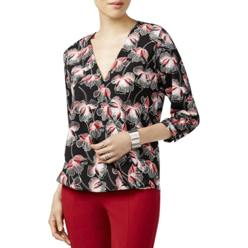 Alfani Womens Printed Knit Blouse, Black, 4