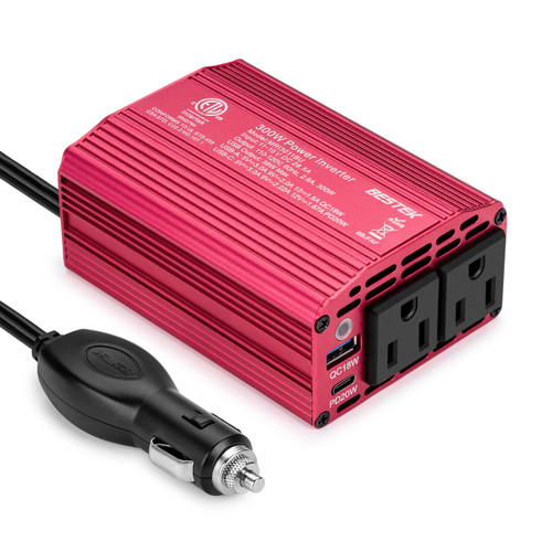 BESTEK 300W Car Power Inverter, with USB-C PD 20W, DC 12V to 110V AC Car Plug Adapter Outlet Converter with QC3.0 USB Ports Multi-Protection Car Charger Power Inverter for Vehicles