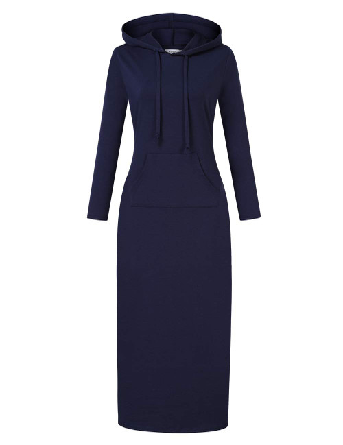 MISSKY Women's Casual Pocket Slim Pullover Maxi Hoodie Dress (2XL,Long Sleeve/Navy)