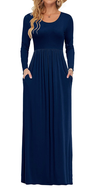 MISFAY Women's Long Sleeve Loose Plain Maxi Dresses Casual Long Dresses with Pockets (M, 2-ls Navy Blue)