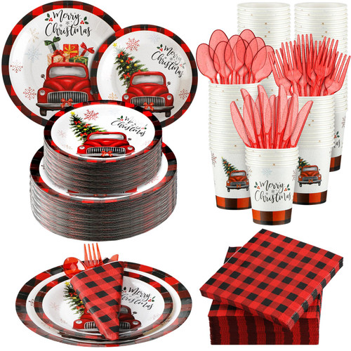 Umigy 400 Pcs Christmas Disposable Dinnerware Set for 50 Guests Christmas Truck Paper Plates and Napkins Cups Plastic Forks Knives Spoons Set, Xmas Party Supplies Holiday Birthday Dinner Tableware Umigy 400 Pcs Christmas Disposable Dinnerware Set for 50 Guests Christmas Truck Paper Plates and Napkins Cups Plastic Forks Knives Spoons Set, Xmas Party Supplies Holiday Birthday Dinner Tableware