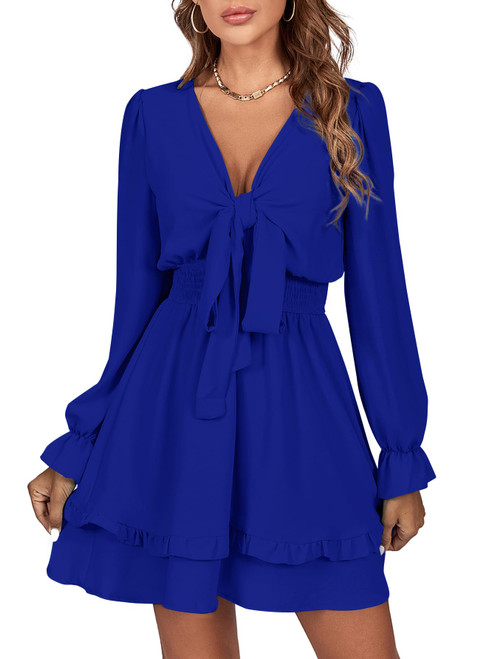 LYANER Women's Tie Front Plunge V Neck Ruffle Layer Long Sleeve Sexy Mini Dress Royal Blue Medium