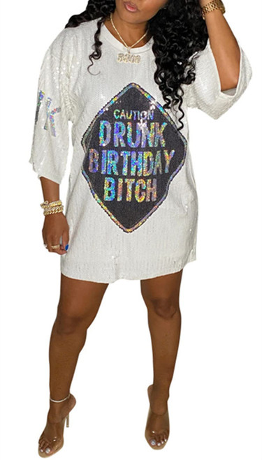 Womens Sequin Glitter Shirt Dress - Sexy Floral Letter Print 3/4 Sleeve Mini Dresses for Party Club Black White Medium