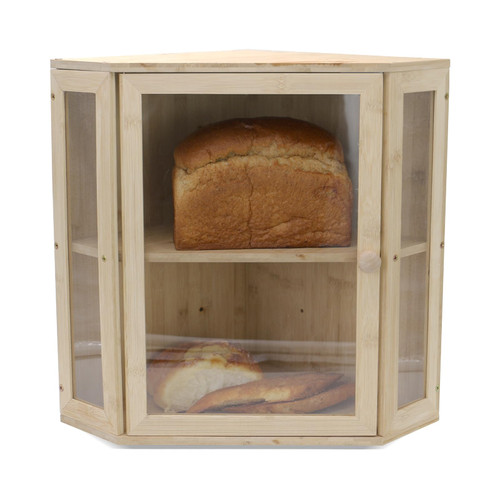 AOROTOE Corner Bread Box for Kitchen Counter Bread Storage And Organizer Farmhouse Countertop Bread Container Frosted Glass Breadbox Double Layer Bamboo Wooden Capacity Bin Kitchen Food Storage