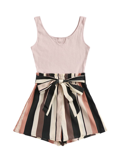 SOLY HUX Women's Summer Sleeveless Striped Belted Tank Romper Short Jumpsuit Pink Striped M