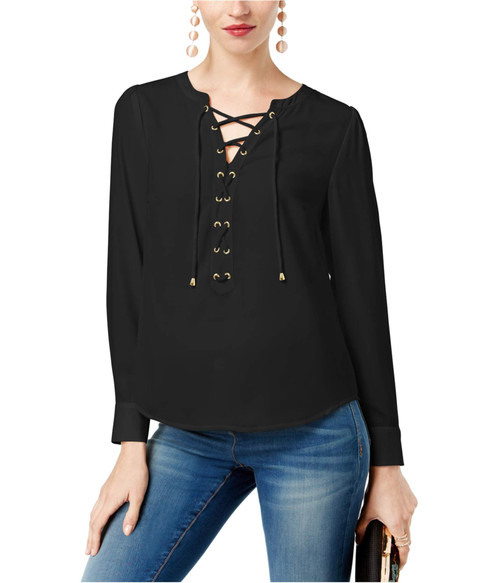I-N-C Womens Lace-Up Knit Blouse, Black, X-Small