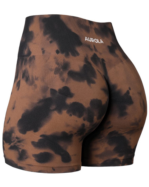 AUROLA Dream Tie Dye Workout Shorts for Women Seamless Scrunch Soft Active Shorts,Brown-Black Tie Dye,M