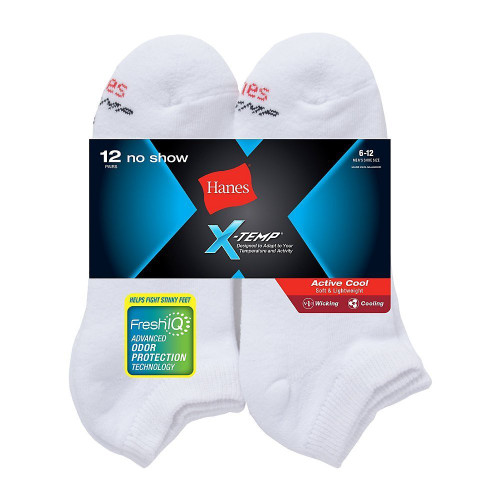 Hanes Men's FreshIQ X-Temp Active Cool No-Show 12-Pack Socks, White, 6-12