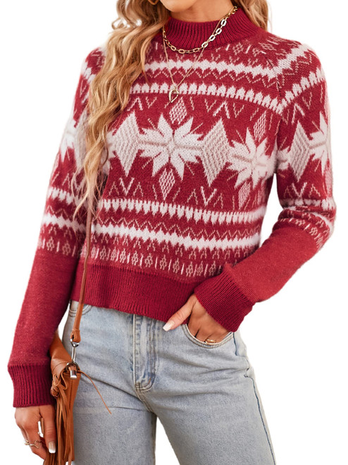 ZAFUL Women's Ugly Christmas Sweater Snowflake Crew Neck Long Sleeve Ribbed Knit Pullover Sweater Jumper (A-Red, XL)