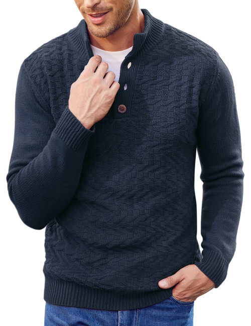 COOFANDY Men Cable Knit Sweaters Mock Neck Pullover Sweater Thermal Sweatershirt Navy Blue