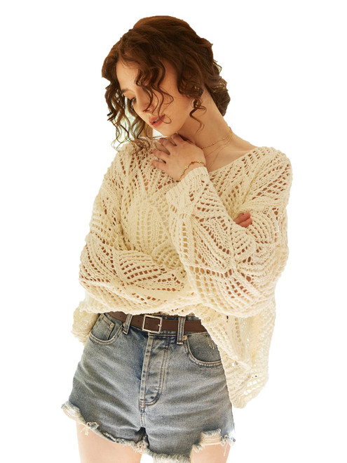 Verdusa Women's Drop Shoulder Long Sleeve Hollow Out Sheer Knit Sweater Pullover Top Beige M