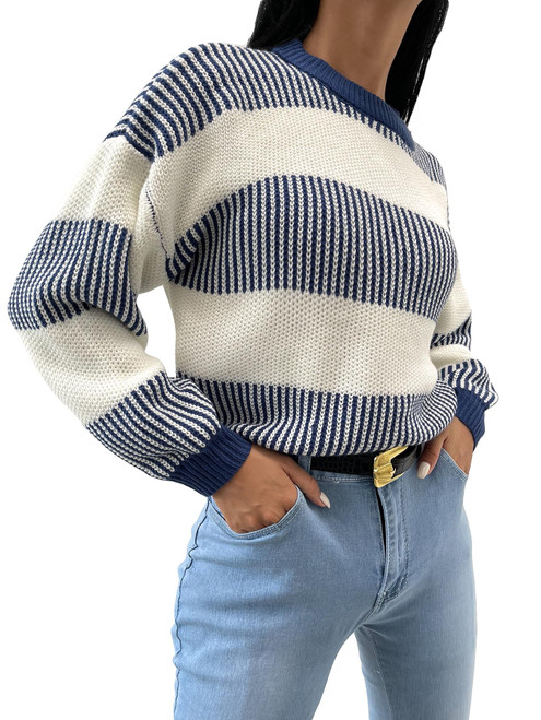Cozyease Women's Striped Drop Shoulder Sweater Crewneck Long Sleeve Shrug Knit Pullovers Blue and White M