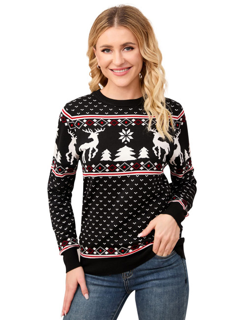 MISSKY Ugly Christmas Sweater for Women Crew Neck Long Sleeve Christmas Reindeer Snowflakes Knitted Pullover Black S
