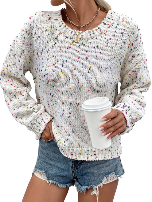 GORGLITTER Women's Color Dot Knit Sweaters Drop Shoulder Crewneck Long Sleeve Pullover Multicolor Medium