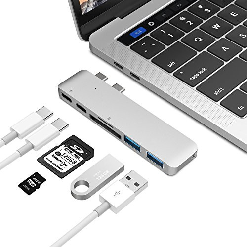 KALLECASE USB C Hub, Aluminum Type C Hub Adapter for MacBook Pro 13" and 15" 2016/2017, Thunderbolt 3 Port, USB-C Port, SD and Micro SD/TF Card Reader and 2 USB 3.0 Ports, (Silver)