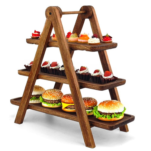3 Tier Serving Tray Three Tiered Cupcake Stand, Rectangle Serving Platter Wooden Farmhouse Tiered Tray, Party Serving Brown Decorative Tray, Eco-Friendly Tray Decor Cheese Charcuterie Boards