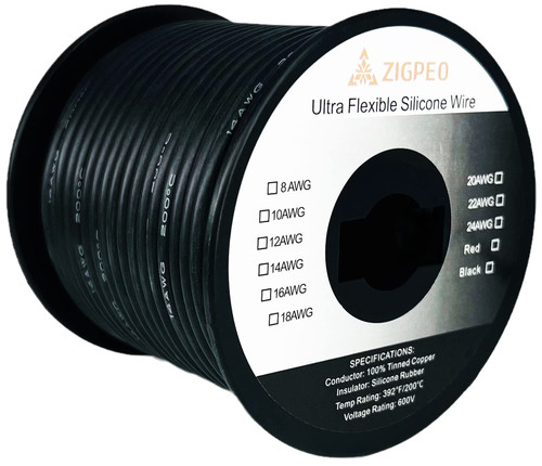 ZIGPEO 14 AWG Silicone Wire 100FT Black Spool, Extra Flexible 14 Gauge Stranded Copper Wire, High Temp 392? 600V - RC, Automotive, Battery | Tinned Copper Conductor