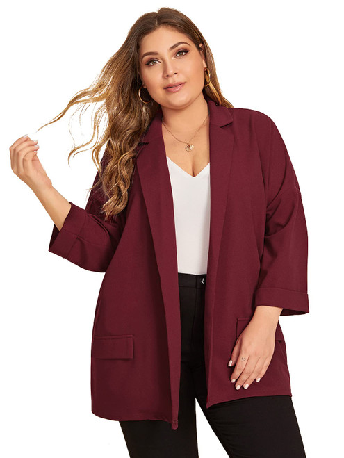 WDIRARA Women's Plus Size Long Sleeve Blazer Casual Open Front Cardigan Jacket Burgundy 3XL