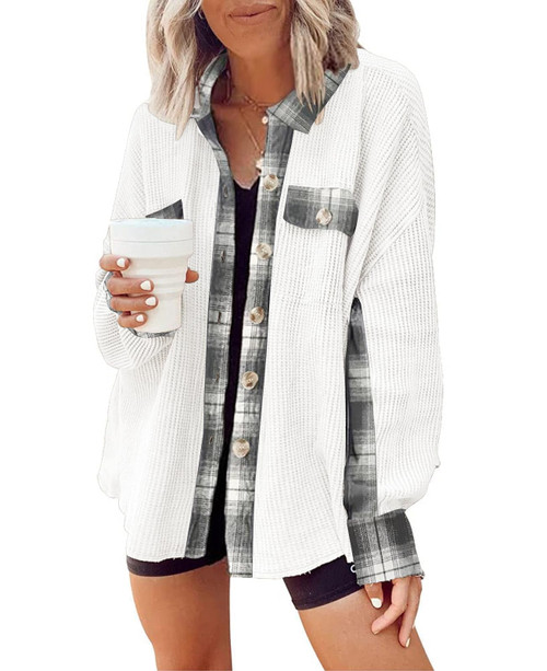 SAUKOLE Women's Casual Waffle Knit Plaid Shacket Oversized Long Sleeve Jackets Button Down Shirts Loose Flannel Tops
