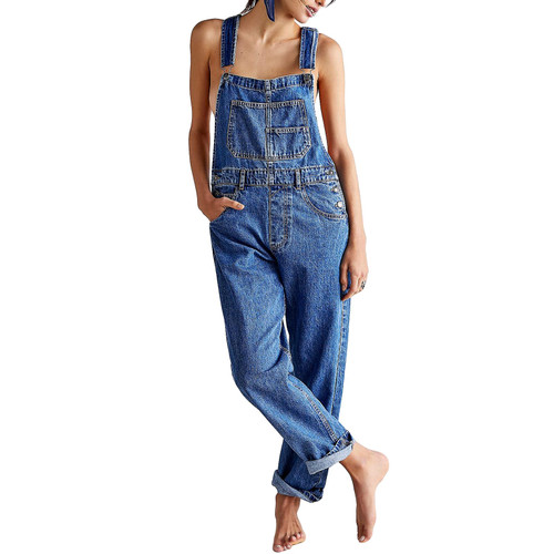 UAURORAO Women Denim Bib Overall Casual Adjustable Strap Denim Jumpsuit Loose Fit Straight Leg Overall Jean Pants Streetwear (Blue, M)