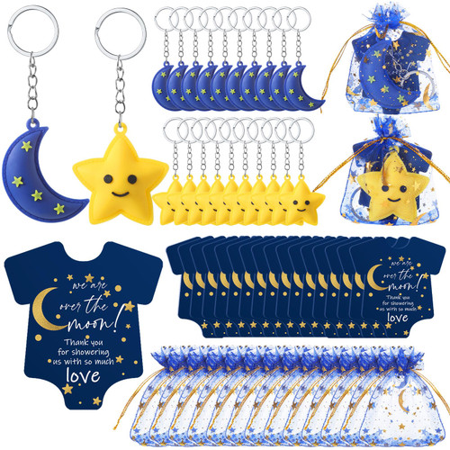 Huquary Twinkle Little Star Baby Shower Favor for Guests Moon and Star Keychain Love You to The Moon and Back Rubber Keychains Thank You Cards Organza Bag for Gender Reveal Shower (300)