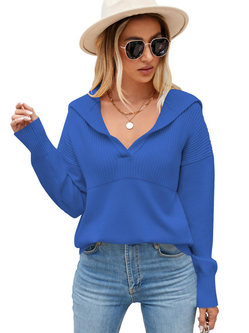 ZAFUL Womens 2023 Long Sleeve V Neck Pullover Sweaters Foldover Collared Casual Knit Soft Jumper Tops Blue