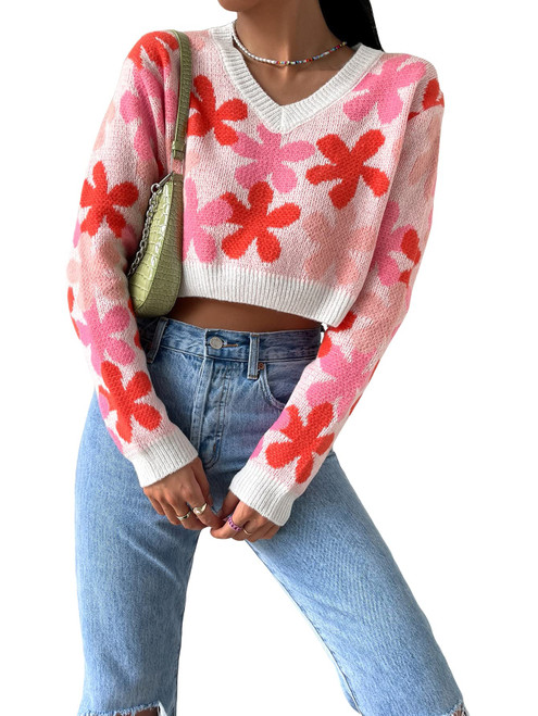 Floerns Women's Casual Rib Knit Long Sleeve V Neck Floral Pattern Drop Shoulder Crop Sweater Top Pink M
