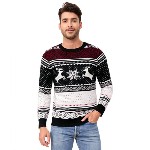 MISSKY Mens Ugly Christmas Sweater Crew Neck Reindeer Snowflakes Winter Holiday Knit Pullover Black L